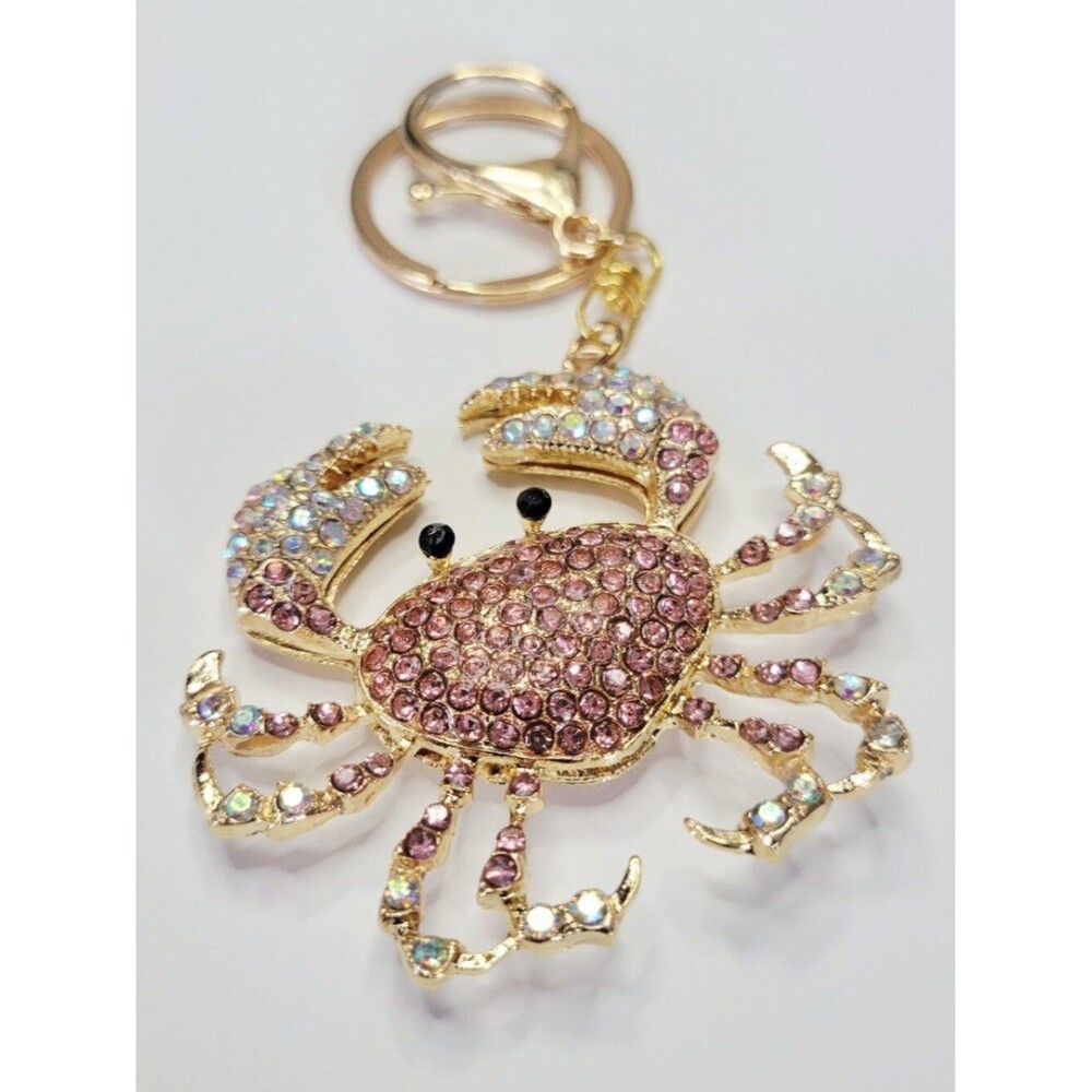 NWT Decadent Pink And Gold Crab Bling Rhinestone Keychain Bag Charm Glittery